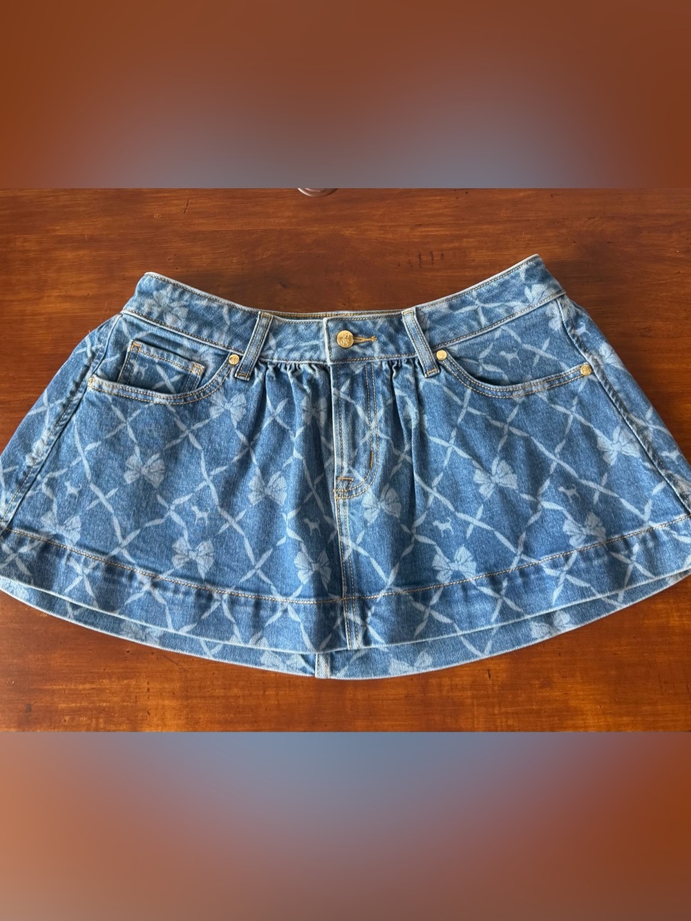 Pink X LoveShackFancy Denim Flirty Skirt S NWT
